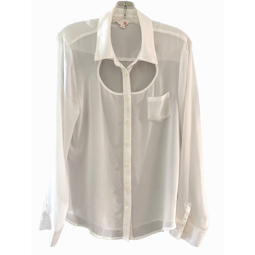 G by Guess Women's Sheer Cut-Out Collared Button-Up Blouse White Size M Long Slv